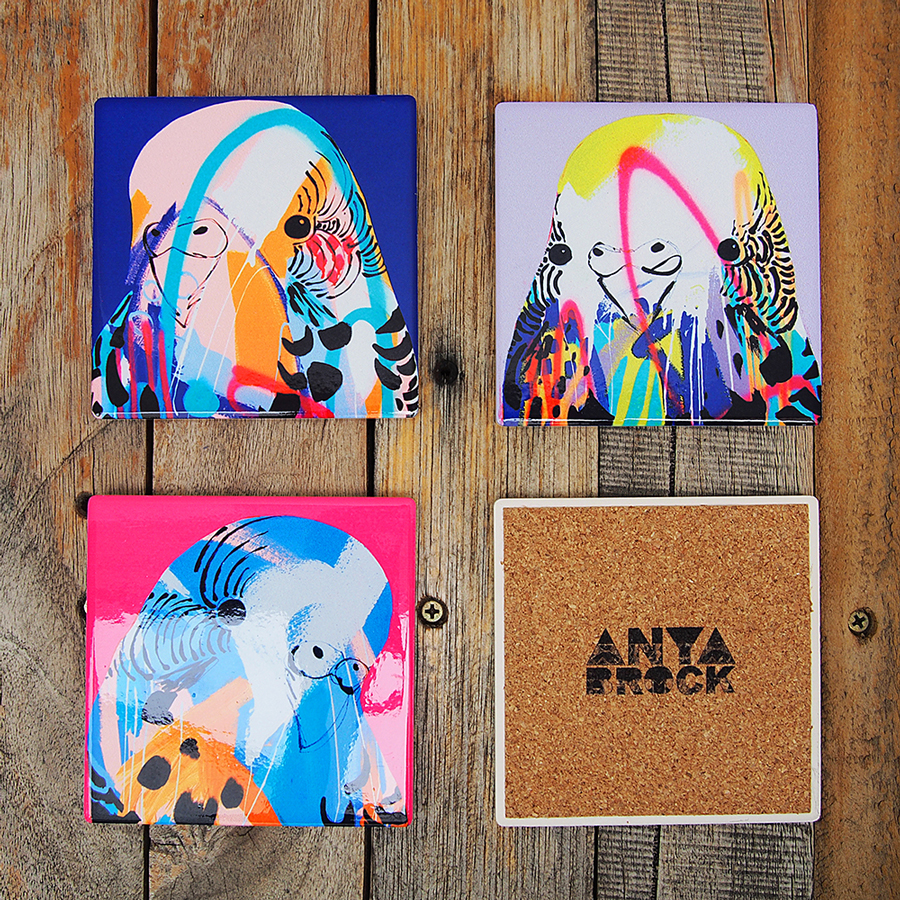 Image features Budgie Coasters by Anya Brock